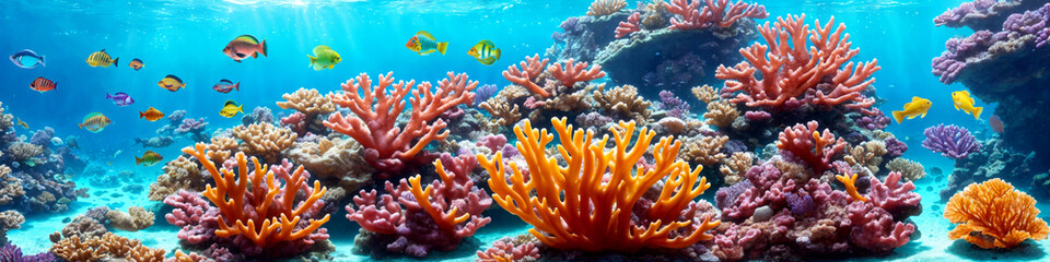 Horizontal banner with ocean reef with colorful corals, tropical fish and sunlight streaming through the sea water. Underwater world beauty illustration. Generative AI
