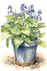 Botanical Watercolor Illustration of Virginia Bluebell in Pot. Generative AI