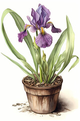 Botanical Watercolor Illustration of Water Iris in Pot. Generative AI