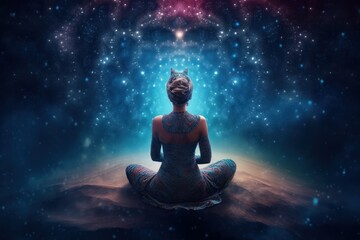Meditating Woman Amid Glowing Galaxy in Lotus Pose, Generative AI