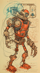 Fototapeta na wymiar blueprint for a robot / android, mechanism, inspired by technology, and cartoons. Angry, lovely, awesome, futuristic illustration / painting with colourful graffiti design. Generative AI
