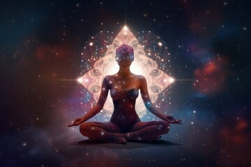Fototapeta na wymiar Meditating Woman Amid Glowing Galaxy in Lotus Pose, Generative AI