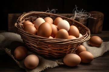 fresh chicken eggs in a basket on a wooden table. generative AI
