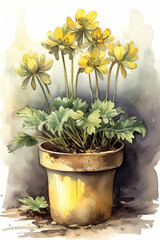 Botanical Watercolor Illustration of Winter Aconite in Pot. Generative AI