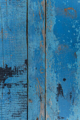 Old texture. Vintage wooden blue background. Cracked blue paint on wooden boards.
