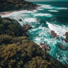 Fototapeta premium Aerial photos of a beautiful coastline, coast, tropical beach, with blue and turquoise waters. This is a generative ai picture.