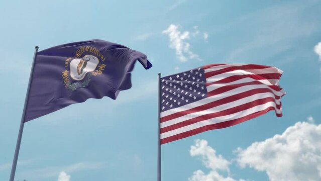 Kentucky and the USA on a flagpole realistic wave on strong wind in blue sky. Commonwealth of Kentucky and The United States of America