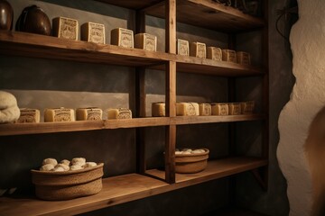 Fototapeta na wymiar Shelves with world famous sheep milk hard cheese, Pag island, Croatia. Generative AI