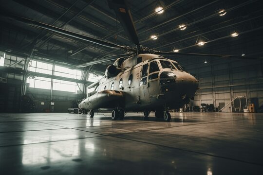 Military Helicopter Parked In Air Force Hangar Building. Generative AI