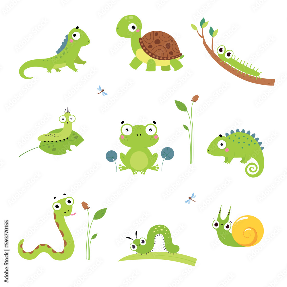 Poster Happy Green Animals with Turtle, Frog, Snake, Iguana and Chameleon Vector Set