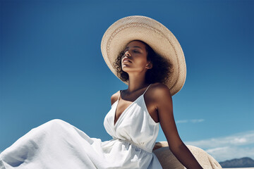 Beautiful spectacular young woman model in a white dress and hat against a bright blue sky on a sunny day. Generative AI