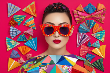 colorful magazine collage with a model in sunglasses on a bright multicolored geometric background. Generative AI