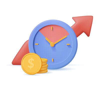 3D investment and income revenue icon. Clock and growth arrow graph Investing money to grow in time concept. 3D render
