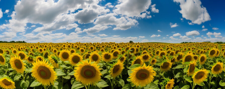 Panoramic view of a field of sunflower flowers. Nature countryside design theme. Created with generative AI