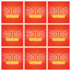 Thank you 1000-9000 followers numbers postcard set. Congratulating gradient flat style gradient thanks image vector illustration isolated background. Template for internet media and social network.