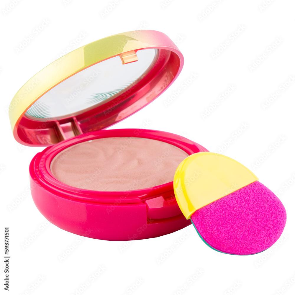 Wall mural Face makeup powder in a plastic case with a brush on a white background