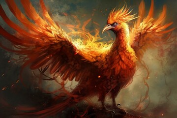 Fototapeta premium art illustration of rebirth of phoenix firebird. AI generative
