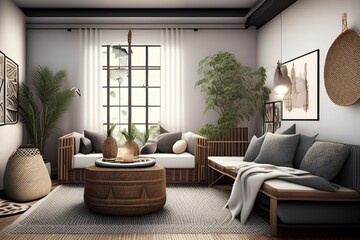 Stylish ethnic compost, wicker baskets, wooden benches in the interior of the living room Home decoration - generative ai