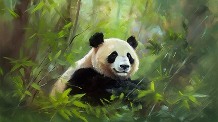 Obraz premium An oil painting of a panda sitting in a peaceful forest clearing, deep in thought