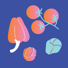 Appetizing vegetables collection. Decorative abstract horizontal banner with colorful doodles. Hand-drawn modern illustrations with fruit and berries, abstract elements. Abstract series