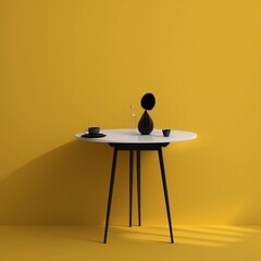 A simple black table against a mustard yellow wall, with a plain white background.