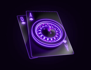 Casino chip with neon light and dark background. casino mix slot machine roulette dice set card chips. Casino Gambling Concept. 3d rendered illustration
