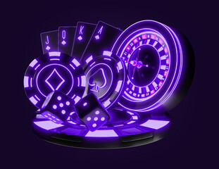 Casino chip with neon light and dark background. casino mix slot machine roulette dice set card chips. Casino Gambling Concept. 3d rendered illustration