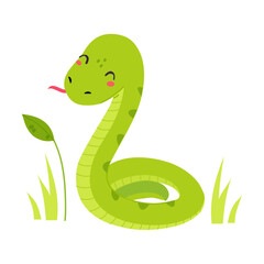 Happy Green Snake or Serpent Curling in Grass Vector Illustration