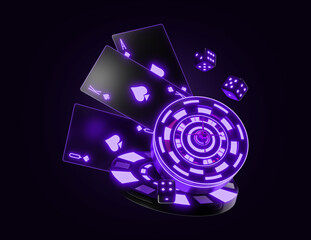 Casino chip with neon light and dark background. casino mix slot machine roulette dice set card chips. Casino Gambling Concept. 3d rendered illustration