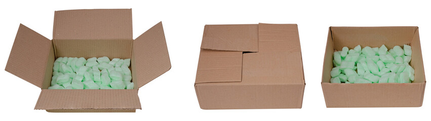 A cardboard box for packing parcels with a plastic filling to secure shipments. Isolated background.