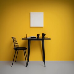 A simple black table against a mustard yellow wall, with a plain white background.