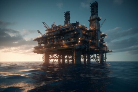 Drilling offshore Platform in sea. 3D image. Generative AI