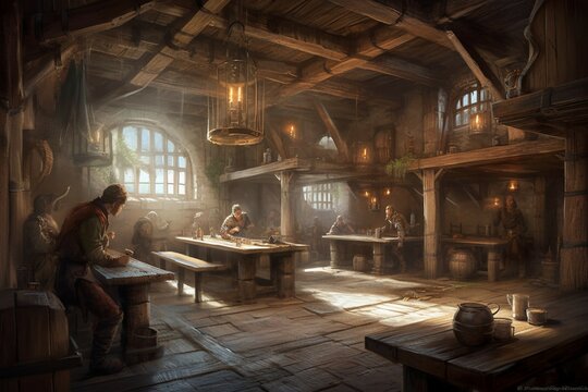 art illustration of medieval tavern. AI generative
