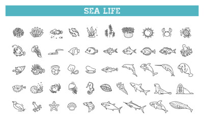 Set of sea life icons. Vector outline symbols