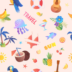 Summer seamless pattern. Repeating design element for printing on fabric. Medusa, parrot, guitar and swimsuit. Holidays and vacations in tropical and exotic countries. Cartoon flat vector illustration