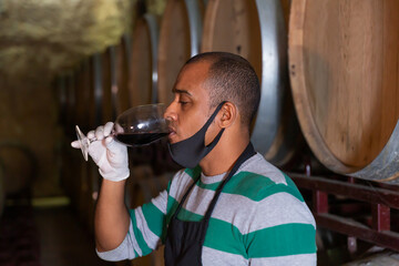 Friendly owner in protective mask of winery standing with wine in wooden barrels cellar