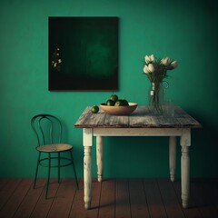 A rustic wooden table against a deep green wall, with a plain light beige background.