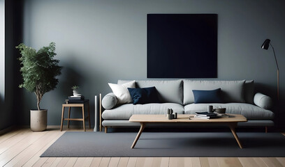 Living room modern interior design grey and blue colors mock up canvas.