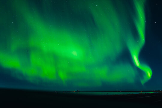 Aurora Borealis Lights Dance In The Night Starry Sky In North Area
