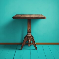 A vintage wooden table against a teal wall, with a plain light blue background