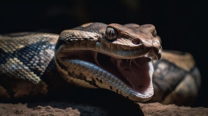 AI generated a macro-photograph of a boa constrictor with its mouth wide open.