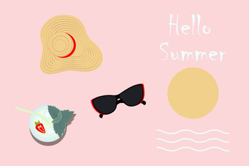 Design with wide brim hat, sunglasses and cocktail with strawberries and lettering Hello summer