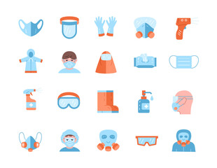 Covid19 icons color set. Mask and goggles, respirator to protect respiratory tract from viruses and diseases. Coronavirus and pandemic. Cartoon flat vector illustrations isolated on white background