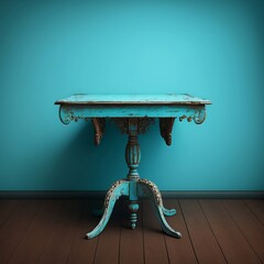 A vintage wooden table against a teal wall, with a plain light blue background