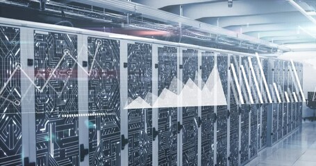 Animation of data processing and microprocessor connections against computer server room - Powered by Adobe