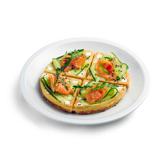 Salted Belgian waffles for breakfast on a white plate. Waffles with salmon, cream cheese, arugula and sesame seeds. On a white background. Isolated.
