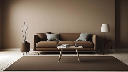 Home interior living room beige color wall  mock up with modern brown sofa, coffee table.