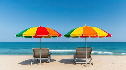 Fototapeta na wymiar Two empty seats under a multicolored rainbow umbrella stand on a sandy beach against the background of beautiful blue sea. Generative AI