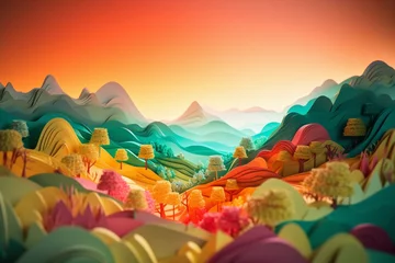 Zelfklevend Fotobehang Colorful carving art. Paper craft landscape with gradient fade colors. Generative AI © Vavilen