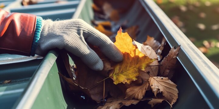 Close up hand cleaning the gutter from autumn leaves, concept of Foliage removal, created with Generative AI technology